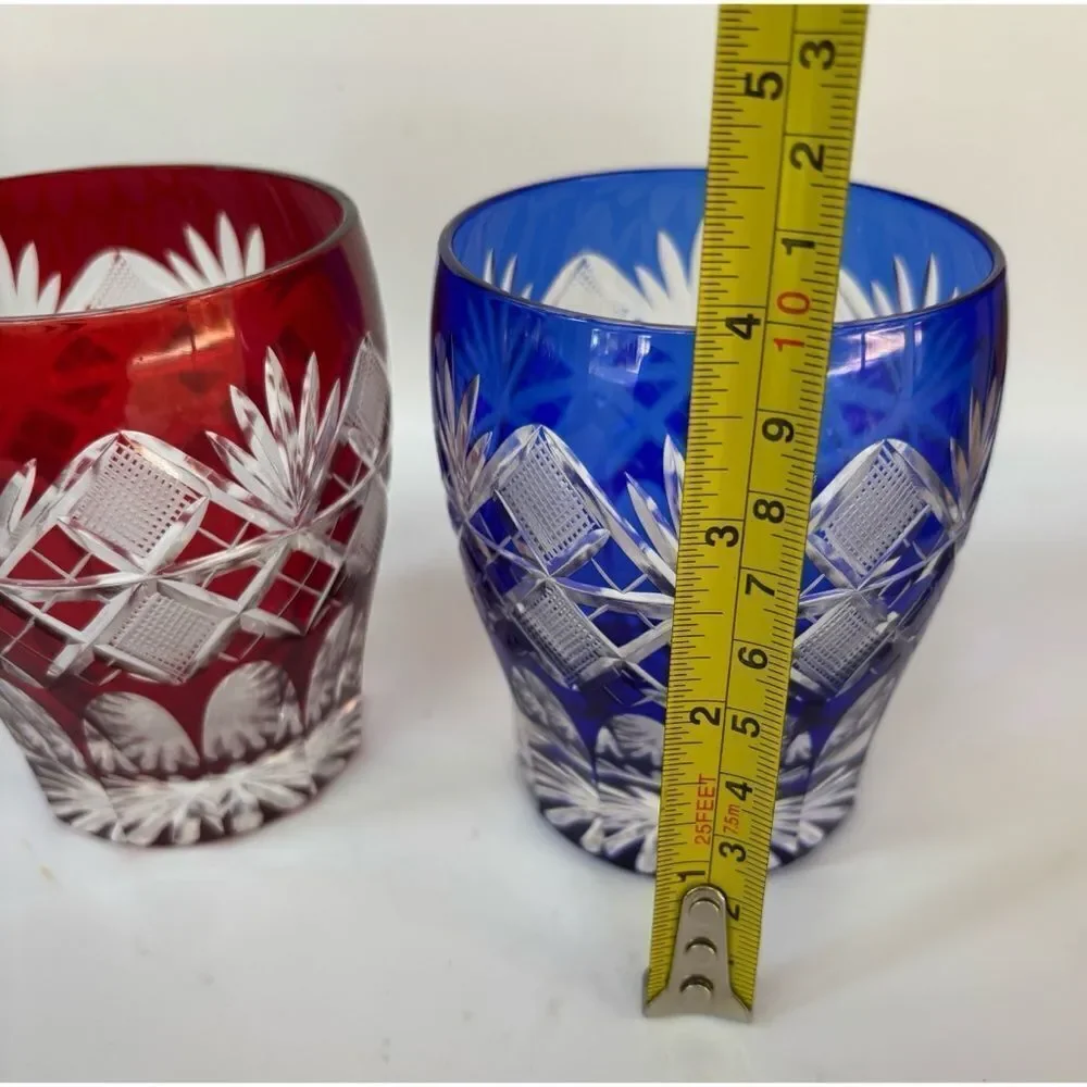 Pair of Edo Kiriko Glass Tumbler Cut to Clear in Ruby and Cobalt / Japan